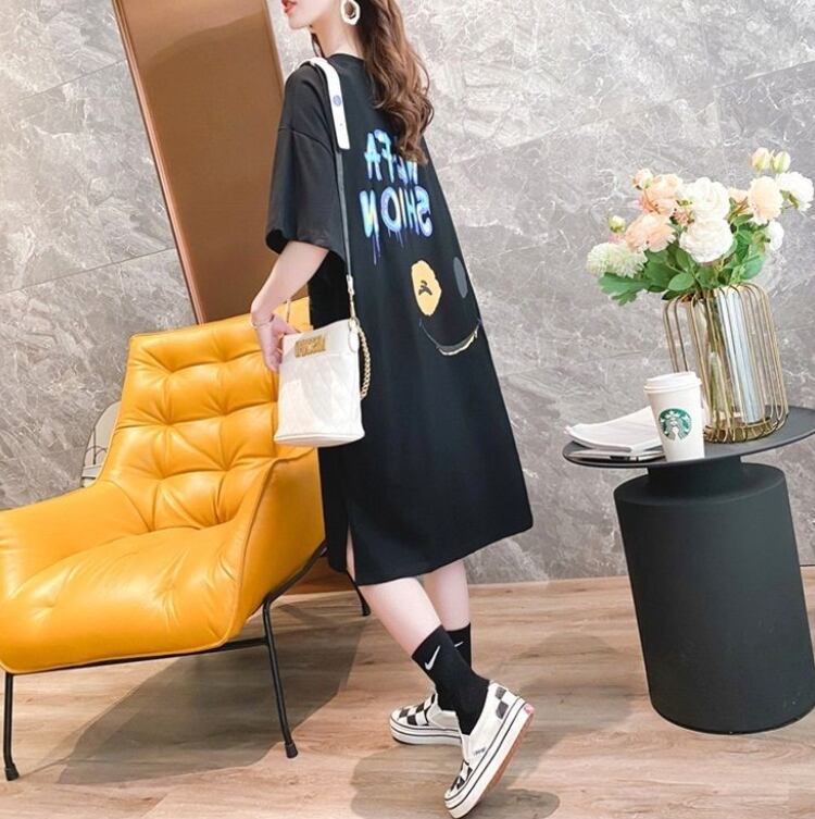 好感度UP カジュアル ゆったりロング丈 切り替え 三色 半袖Tシャツ<ins-8166>