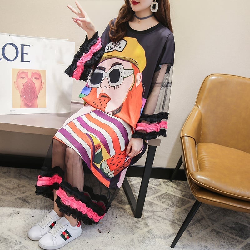 【ランキング上位】プリント お洒落 可愛い 着心地良い ロングTシャツワンピース <ins-887>