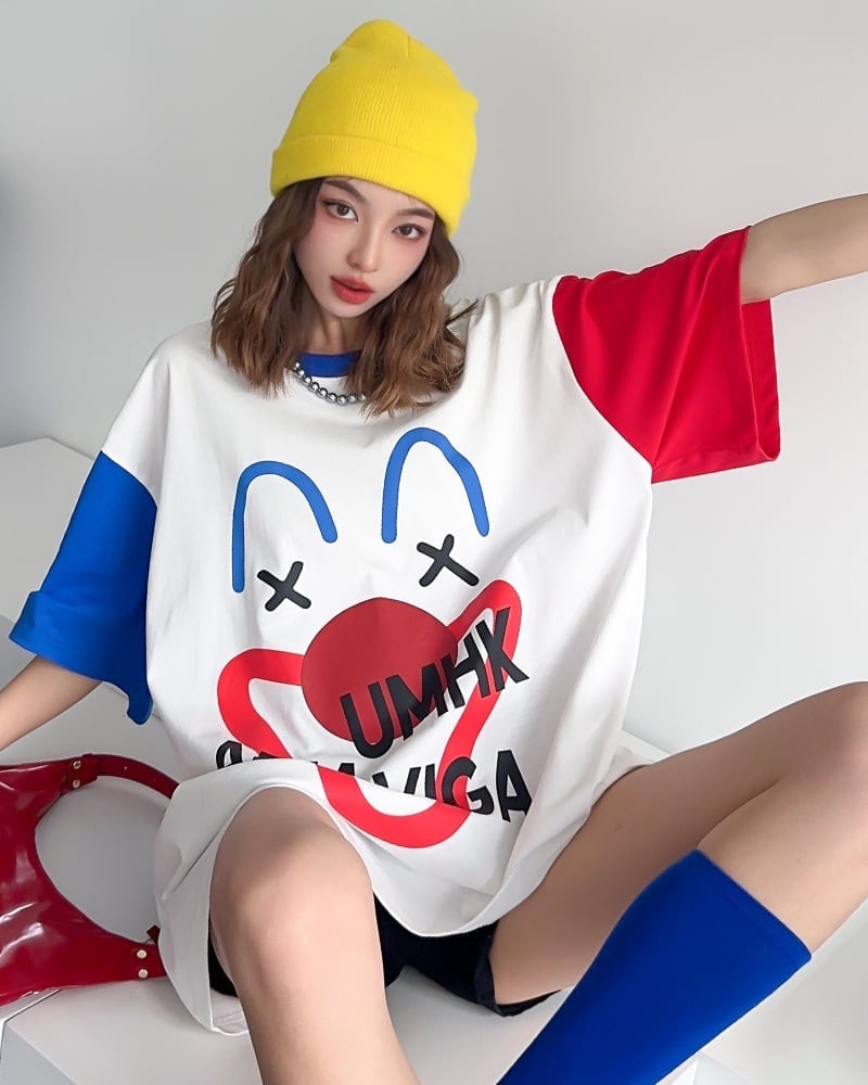 お勧めカラーマッチング ビッグロゴ ゆったり 半袖Tシャツ 全2色<ins-4838>