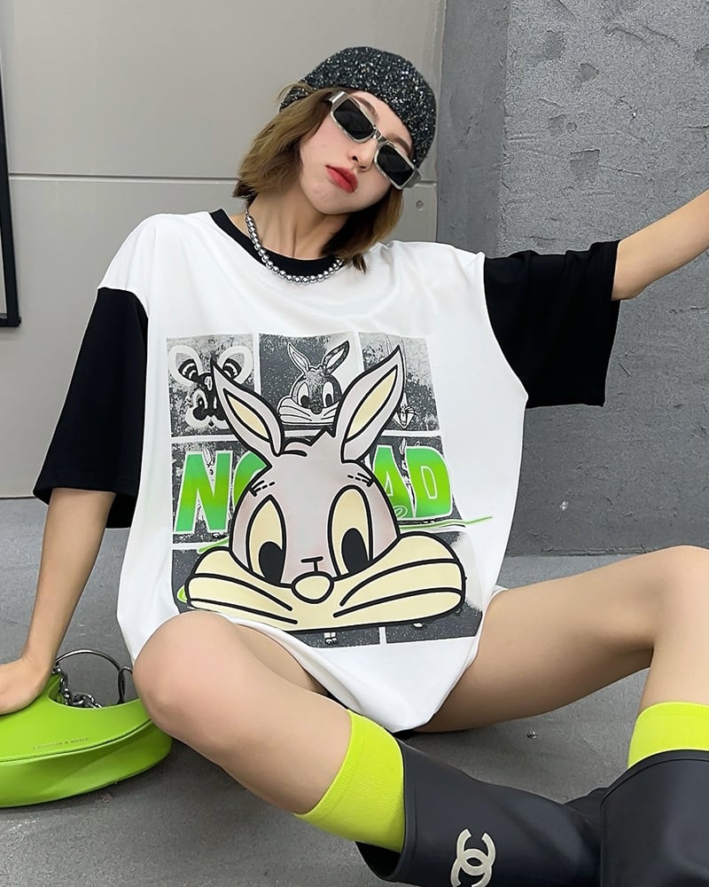 売り切れ必至 個性派 カジュアル プリント 切り替え 半袖Tシャツ<ins-8268>