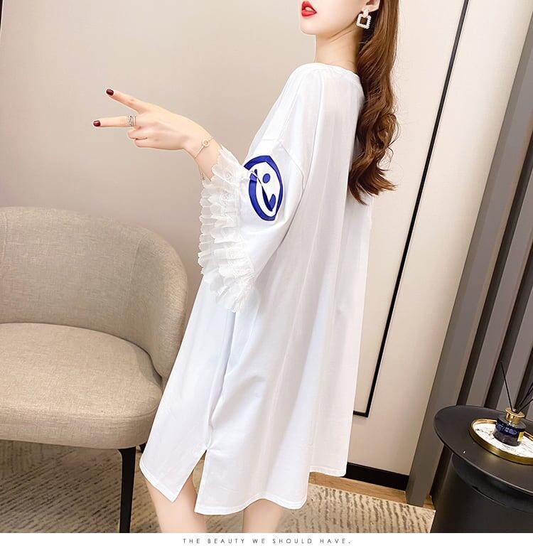 夏新作 オーバーサイズ アルファベット フリル プリントTシャツ 三色 ゆったり半袖<ins-3009>