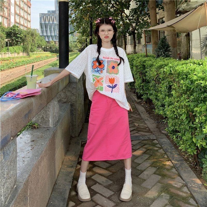 新作 透かし彫り プリント ゆったり 半袖 Tシャツ <ins-8089>