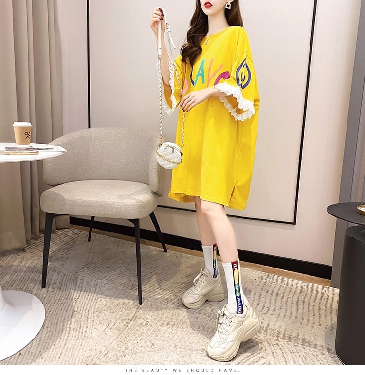 夏新作 オーバーサイズ アルファベット フリル プリントTシャツ 三色 ゆったり半袖<ins-3009>