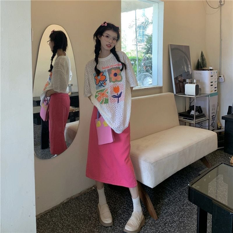 新作 透かし彫り プリント ゆったり 半袖 Tシャツ <ins-8089>