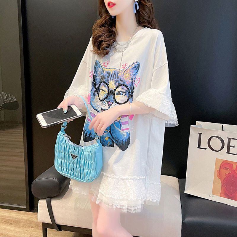 話題沸騰中 キュート ゆったり ロング丈 切り替え 2色半袖Tシャツ<ins-8133>