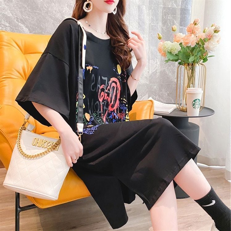 好感度UP カジュアル ゆったりロング丈 切り替え 三色 半袖Tシャツ<ins-8166>