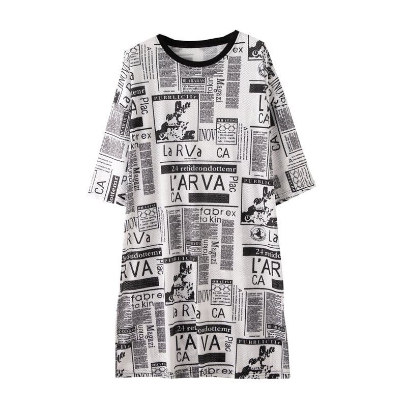 オシャレ度満点 一目惚れ プリント 切り替え ワンピース Tシャツ カットソー<ins-3122>