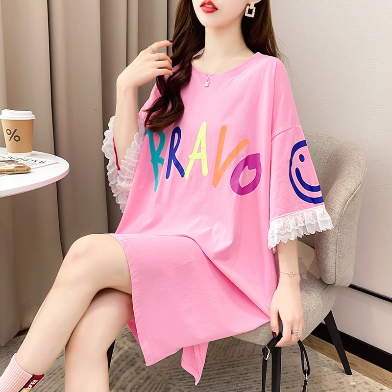 夏新作 オーバーサイズ アルファベット フリル プリントTシャツ 三色 ゆったり半袖<ins-3009>