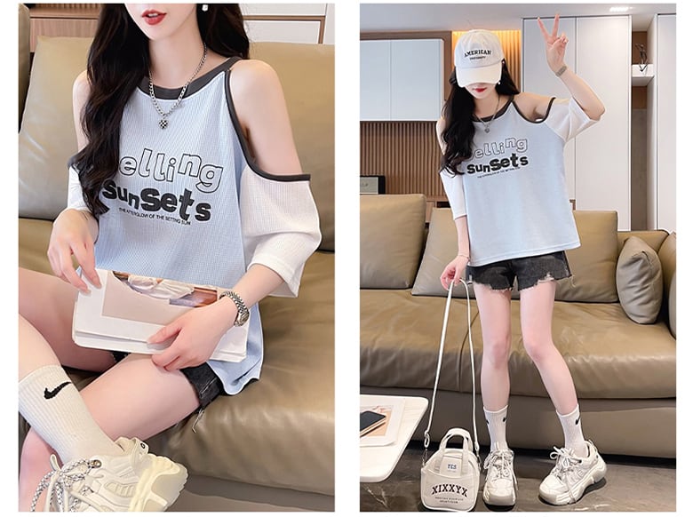 話題沸騰中 ロゴ プリント 肩だし 肌見せ 肩開き ゆったり 3色半袖Tシャツ<ins-8212>
