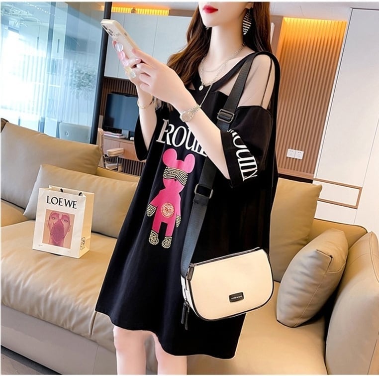 売り切れ必至 セクシー Vネック 切り替え チュール プリントTシャツ ゆったりワンピース <ins-3050>