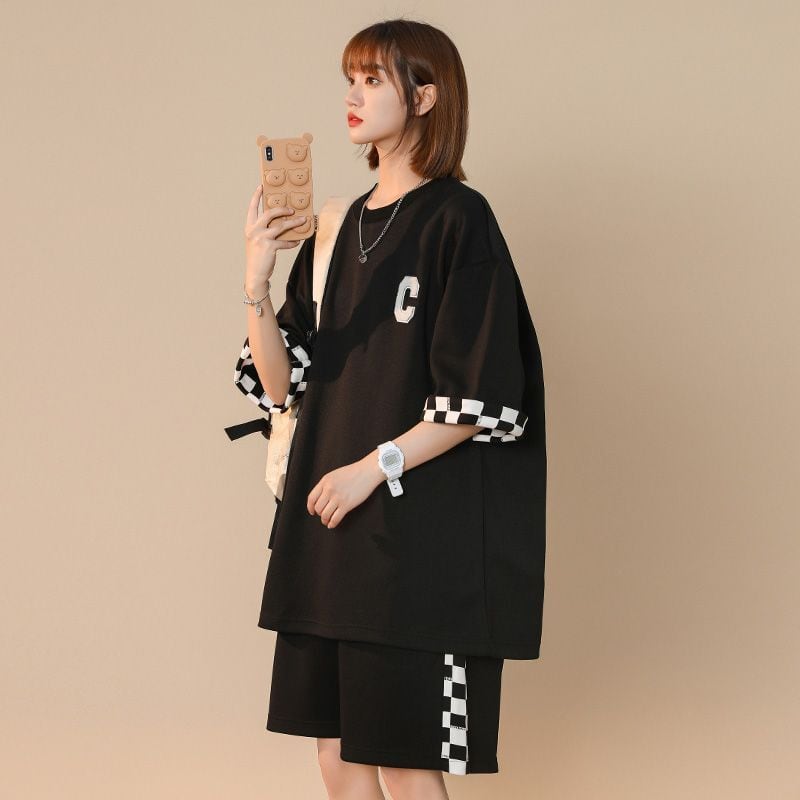 超人気 ルーズ 切り替え 半袖Tシャツⅹパンツセット全2色 <ins-8209>
