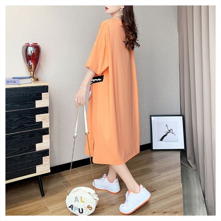 スタイリッシュ カジュアル プリント Tシャツ カットソー ワンピース<ins-8285>