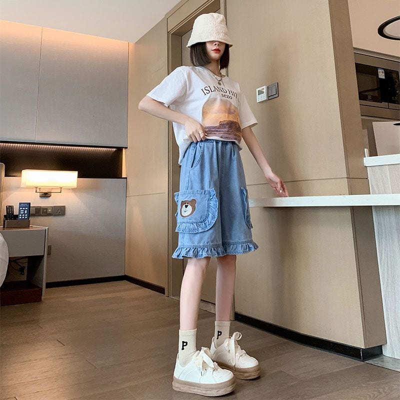 超人気 ゆったり感アップ オシャレ度満点 デニム 2色選択可 ハイウエスト パンツ ボトムス<ins-8298>