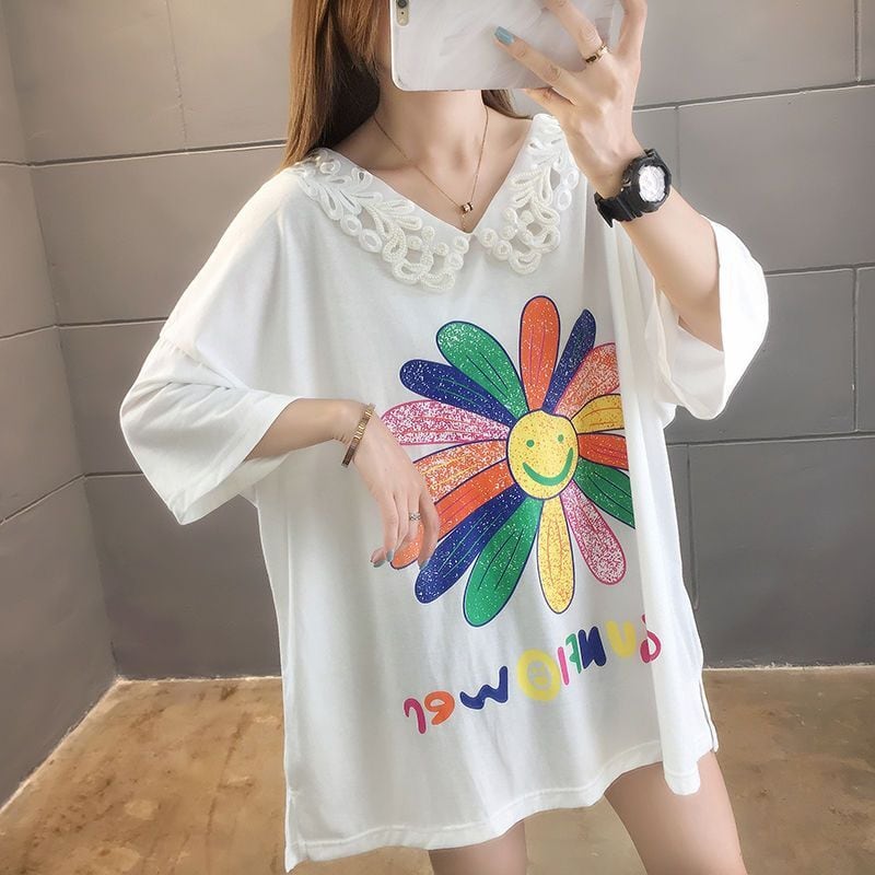 大人可愛い ゆったり ロング丈 切り替え 三色半袖Tシャツ<ins-8129>