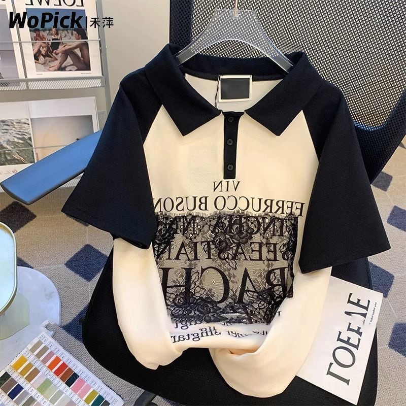 売り切れ必至 ファッション 切り替え プリント 半袖Tシャツ カットソー<ins-8250>