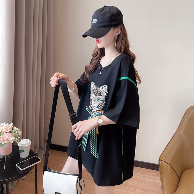 質感のいい 立体のリボン 猫刺繍 ロング Tシャツ ゆったり半袖 <ins-2919>