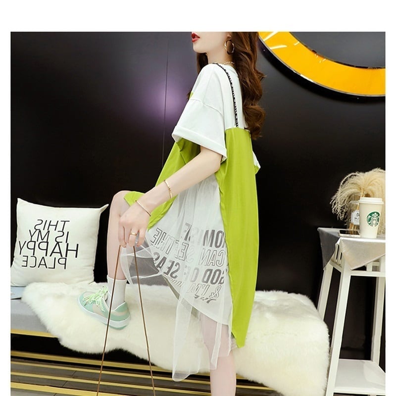 好感度UP 切り替え  レイヤード風 プリント Tシャツ ゆったりワンピース<ins-8105>