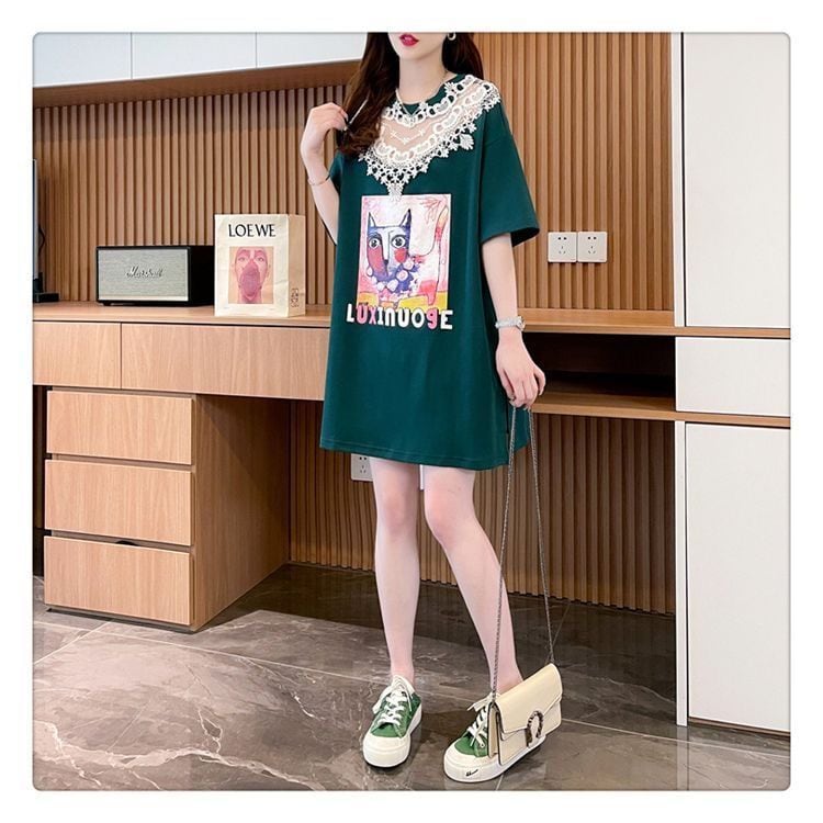 新商品 キュート 透かし彫り レース  切り替え ゆったり 半袖Tシャツ<ins-8472>