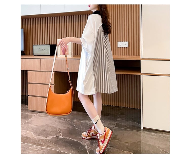 POLOネック ストライプ柄 切り替え ロング Tシャツ ゆったりワンピース <ins-3031>