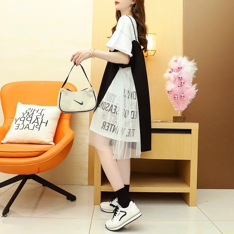 好感度UP 切り替え  レイヤード風 プリント Tシャツ ゆったりワンピース<ins-8105>