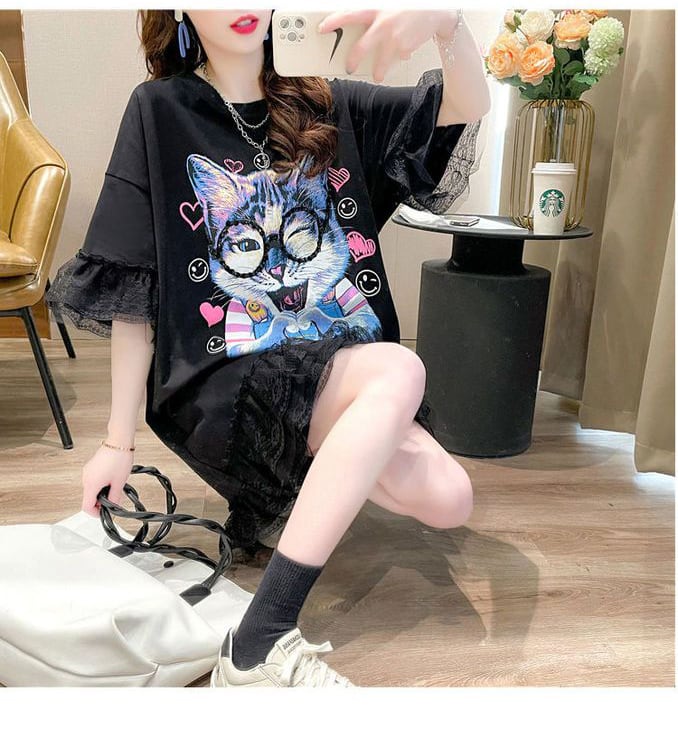 話題沸騰中 キュート ゆったり ロング丈 切り替え 2色半袖Tシャツ<ins-8133>