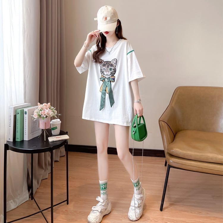 質感のいい 立体のリボン 猫刺繍 ロング Tシャツ ゆったり半袖 <ins-2919>