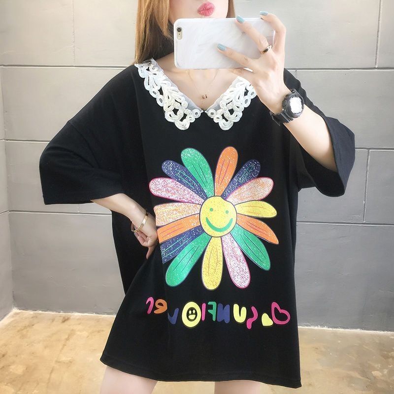 大人可愛い ゆったり ロング丈 切り替え 三色半袖Tシャツ<ins-8129>