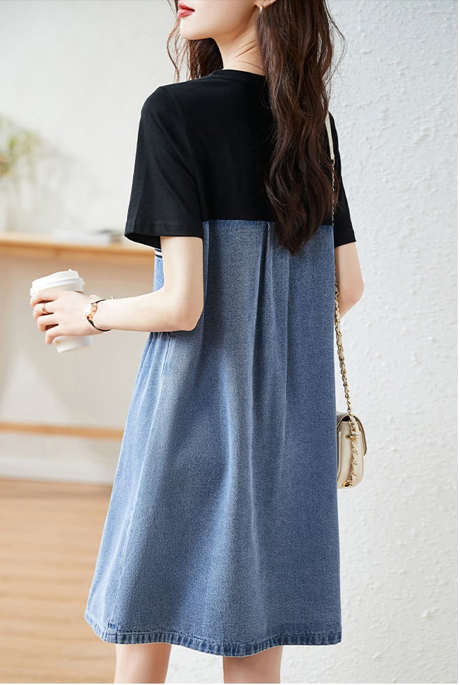 絶対欲しい ファッション レイヤード風 切り替え デニム 半袖ワンピース<ins-8326>