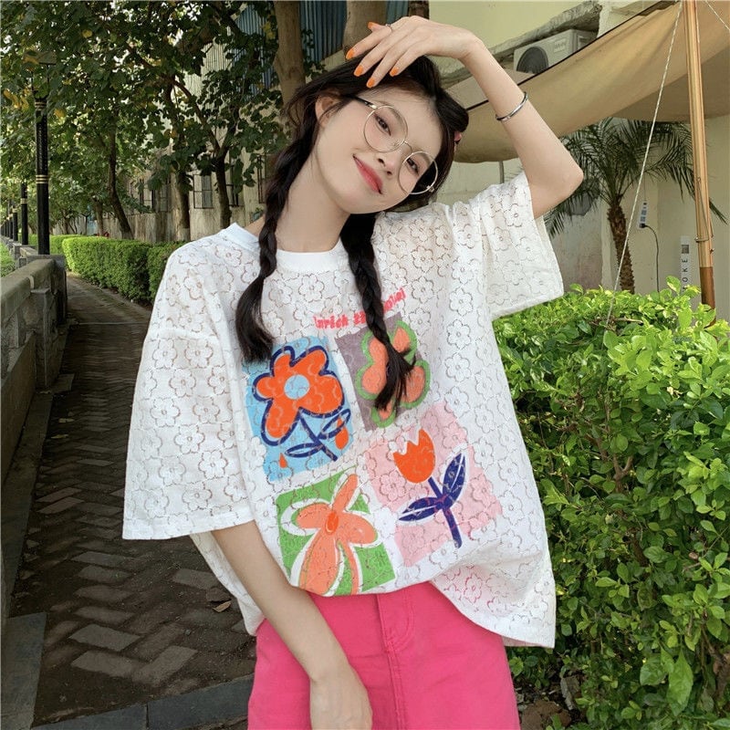 新作 透かし彫り プリント ゆったり 半袖 Tシャツ <ins-8089>