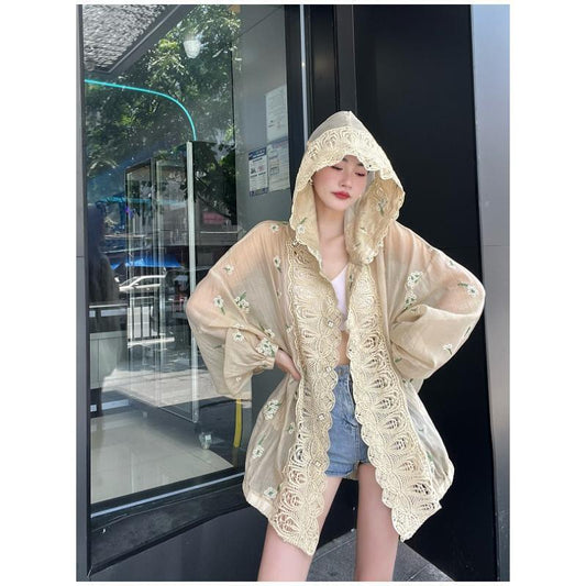 美人度アップ ファッション 透け感 日焼け対策  パーカー コート<ins-8113>