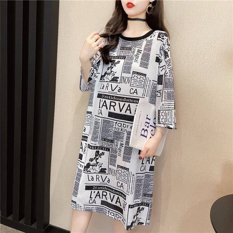 オシャレ度満点 一目惚れ プリント 切り替え ワンピース Tシャツ カットソー<ins-3122>