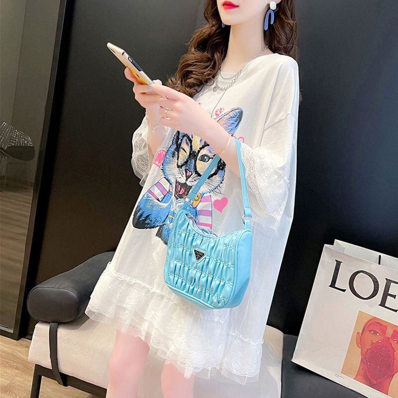 話題沸騰中 キュート ゆったり ロング丈 切り替え 2色半袖Tシャツ<ins-8133>