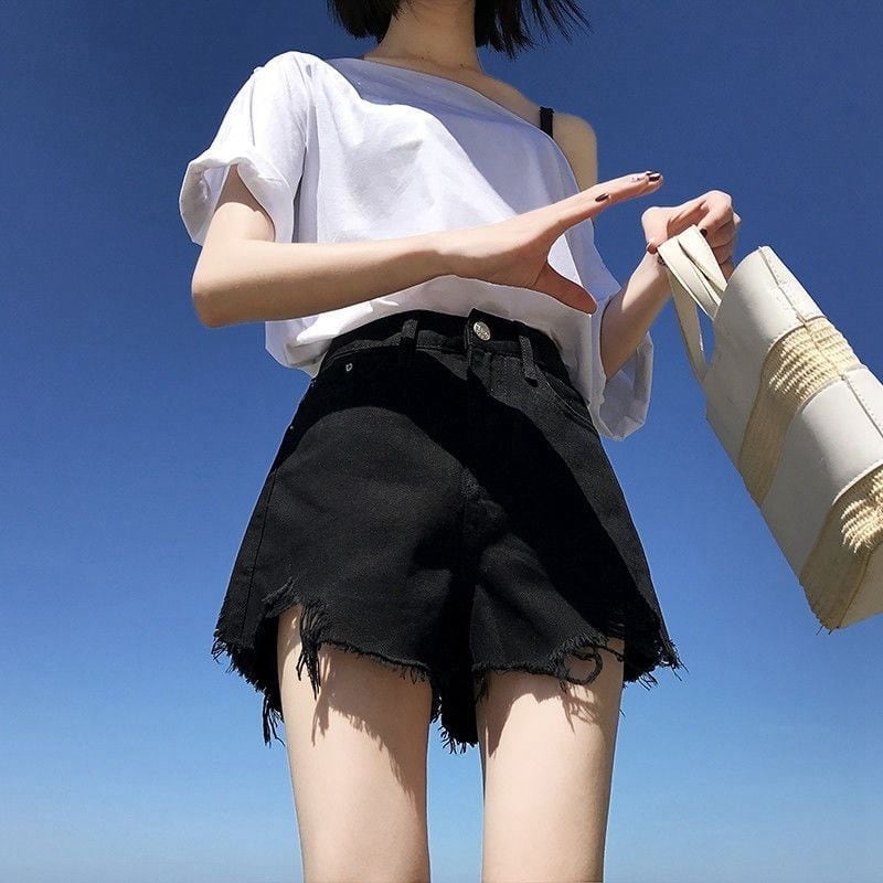 【半額!期間限定!!】シンプルファッションルーズワイドレッグAライン薄いオールマッチリップドハイウエストデニムショートパンツ<ins-3034>