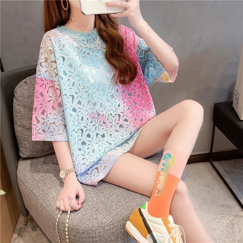 オシャレ度満点 スタイリッシュ ラウンドネック 透かし彫り Tシャツ カットソー<ins-2957>