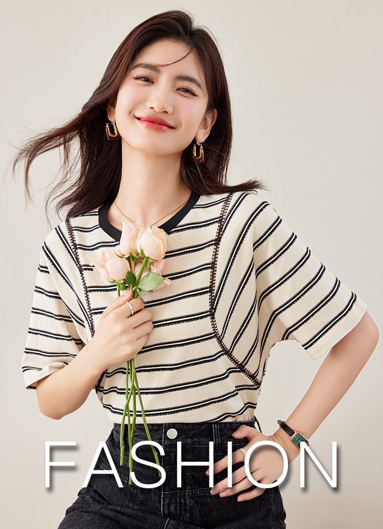 好感度UP カジュアル ファッション エレガント ストライプ柄 Tシャツ<ins-8327>