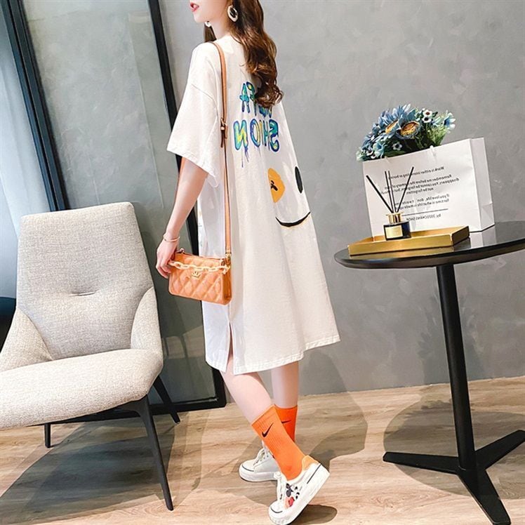 好感度UP カジュアル ゆったりロング丈 切り替え 三色 半袖Tシャツ<ins-8166>