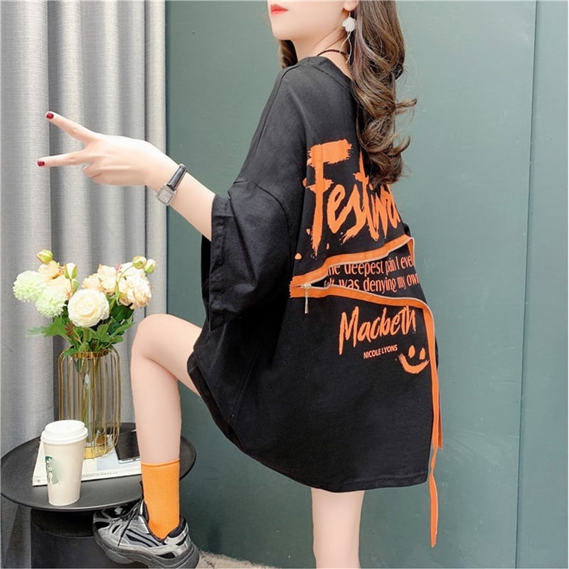 デザイン感 チャーミング 切り替え プリント Tシャツ カットソー<ins-3578>