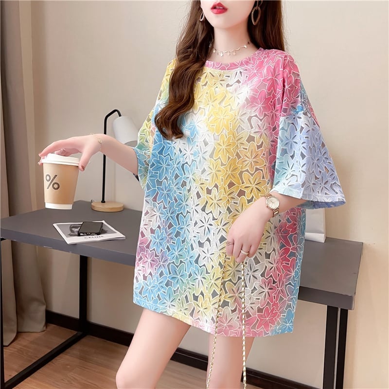 オシャレ度満点 スタイリッシュ ラウンドネック 透かし彫り Tシャツ カットソー<ins-2957>