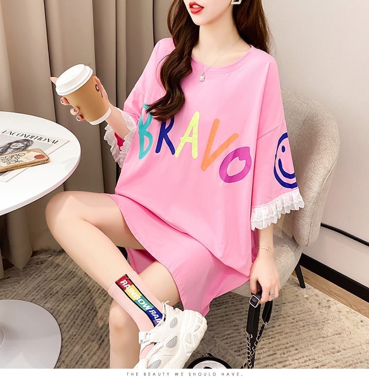 夏新作 オーバーサイズ アルファベット フリル プリントTシャツ 三色 ゆったり半袖<ins-3009>