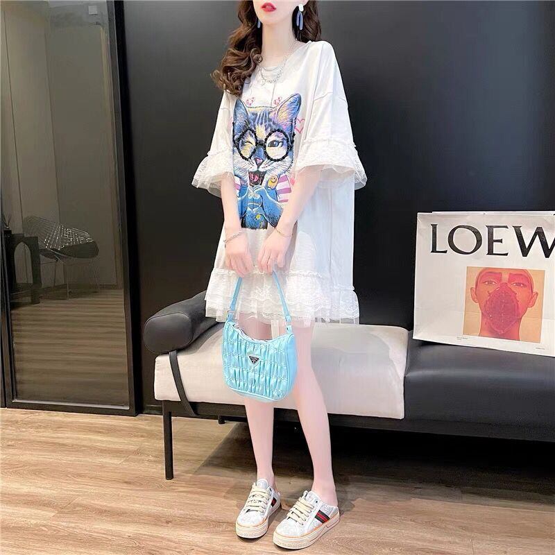 話題沸騰中 キュート ゆったり ロング丈 切り替え 2色半袖Tシャツ<ins-8133>