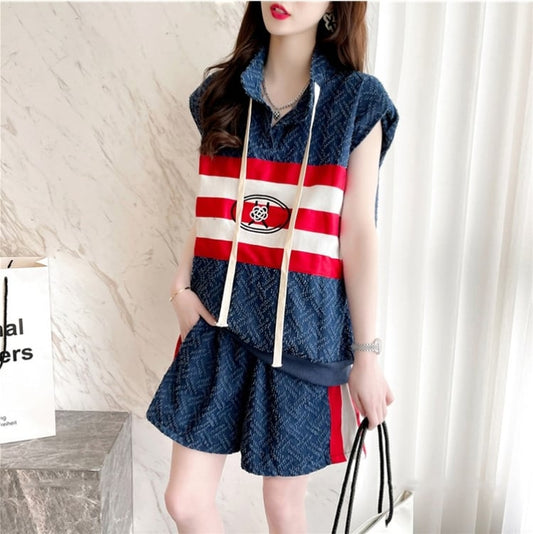 【半額!期間限定!!】絶対流行 個性派 デニム 切り替え 半袖Tシャツⅹパンツセット<ins-8468>