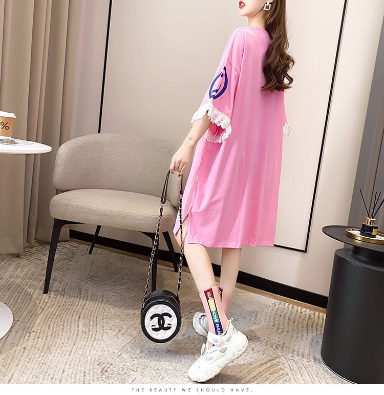 夏新作 オーバーサイズ アルファベット フリル プリントTシャツ 三色 ゆったり半袖<ins-3009>