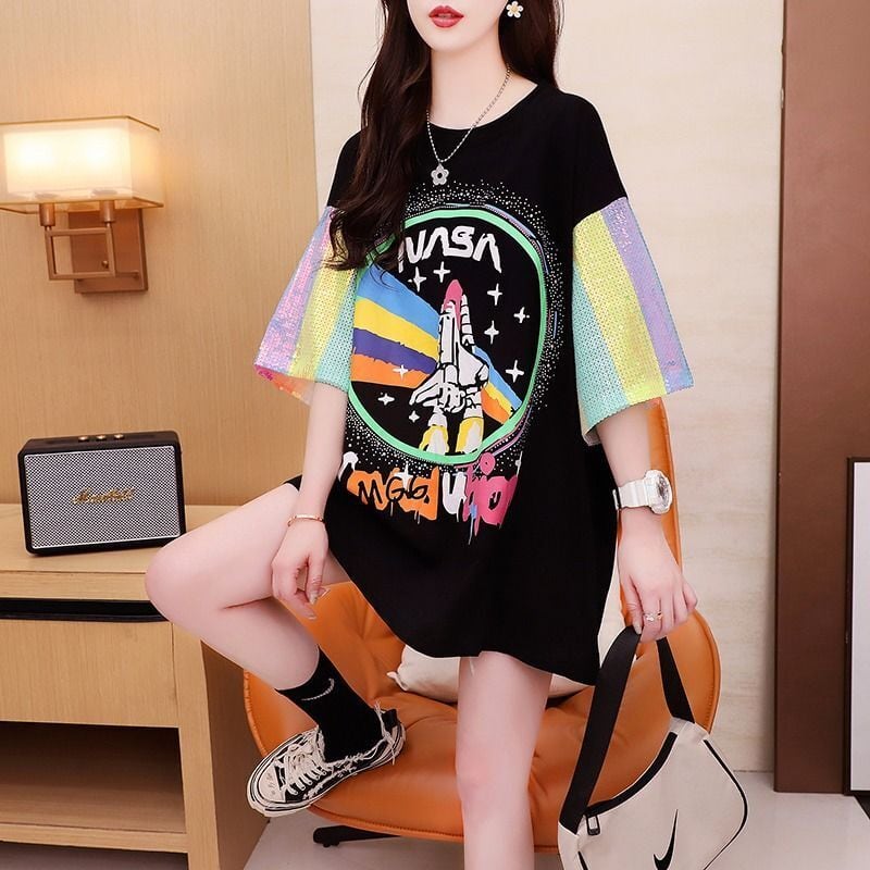 新作 切り替え プリント ピンク プリント スパンコール  全3色 半袖Tシャツ<ins-8165>