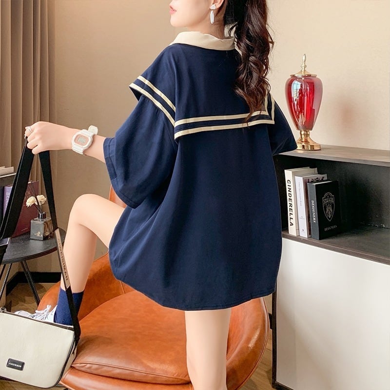 絶対欲しい セーラーカラー ロング Tシャツ 三色 ゆったりワンピース<ins-4028>