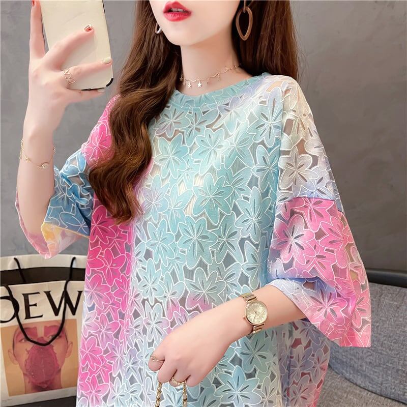 オシャレ度満点 スタイリッシュ ラウンドネック 透かし彫り Tシャツ カットソー<ins-2957>