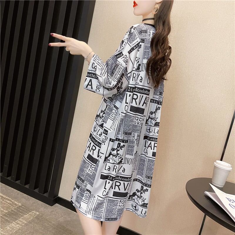 オシャレ度満点 一目惚れ プリント 切り替え ワンピース Tシャツ カットソー<ins-3122>