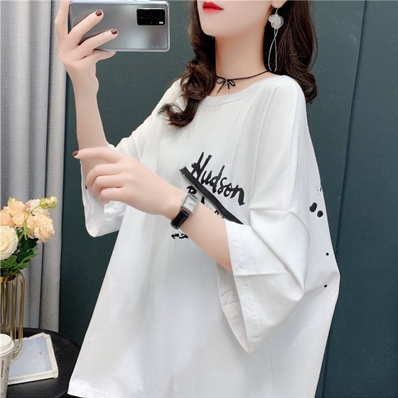 デザイン感 チャーミング 切り替え プリント Tシャツ カットソー<ins-3578>