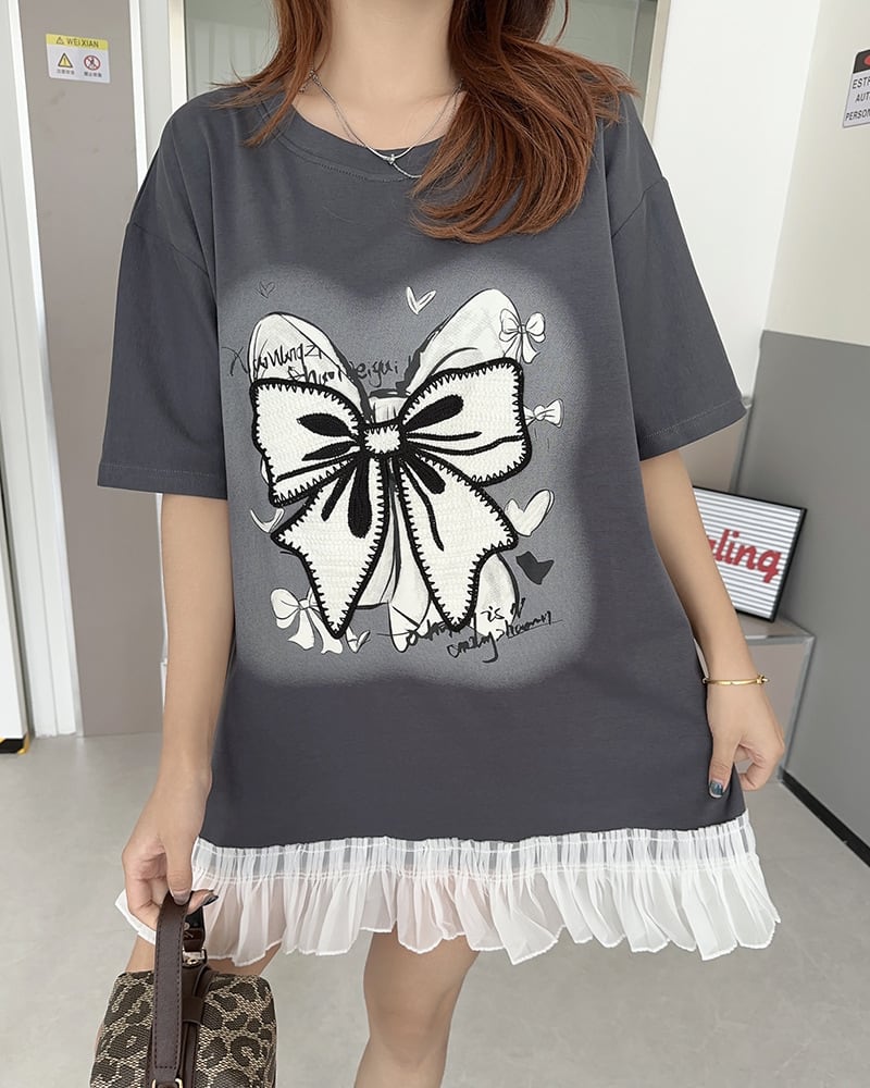 今季マストバイ 切り替え プリントゆったり 半袖Tシャツ 全4色<ins-8256>