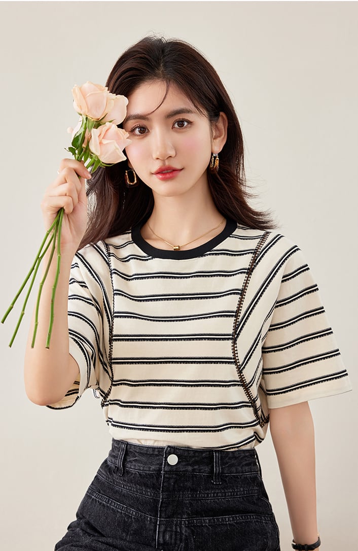 好感度UP カジュアル ファッション エレガント ストライプ柄 Tシャツ<ins-8327>