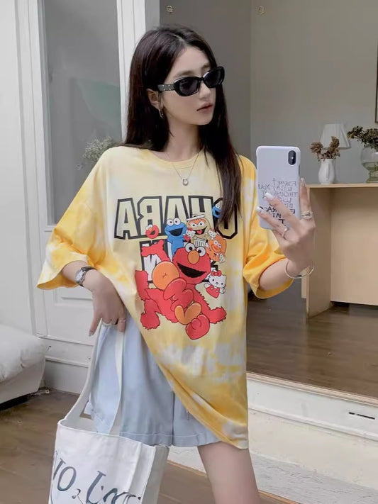 売り切れ必至  絞り染め プリント ビッグロゴ ゆったりトップス 半袖Tシャツ 全2色<ins-8272>